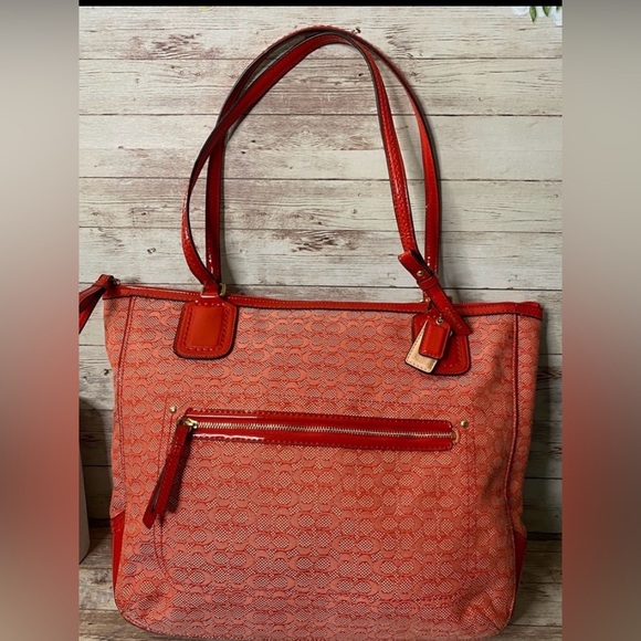 Coach Handbags - Coach Signature Jacquard Zip Top Designer Tote Poppy Red C1359-25051 EUC